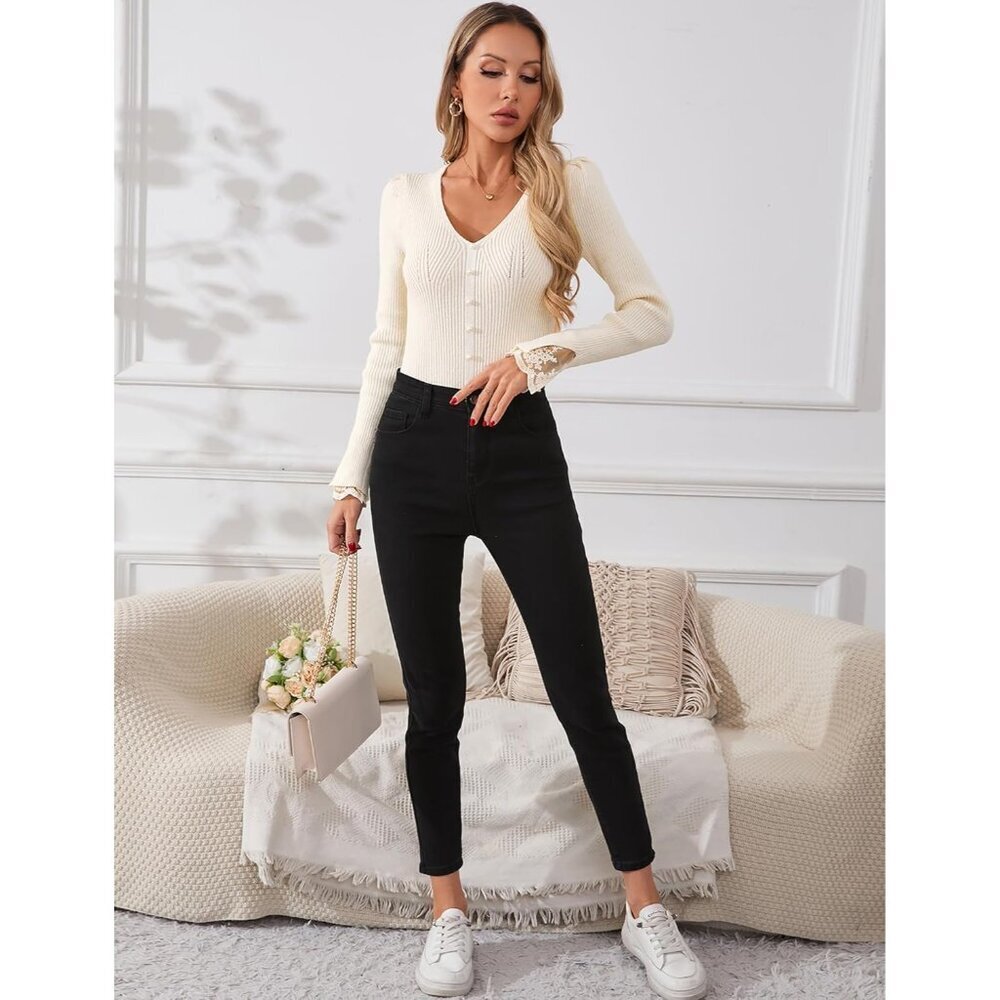 Women's Ribbed Knit V-Neck Sweater Large Fall Casual Dressy Outfits - Picture 7 of 7